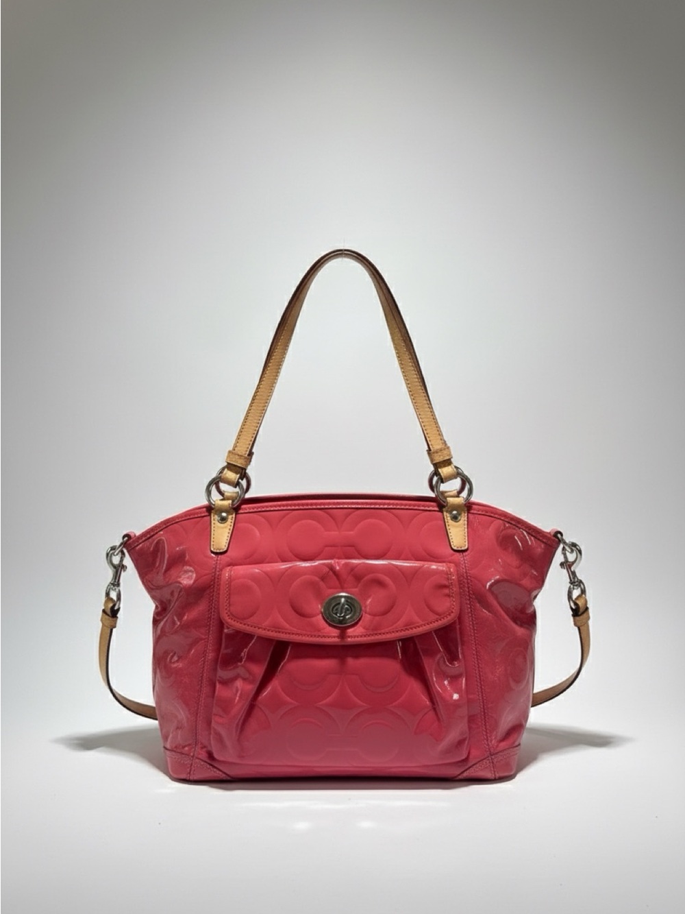 Vintage Coach Patent Leather Tote Handbag in Pink with Contrast Tan Straps